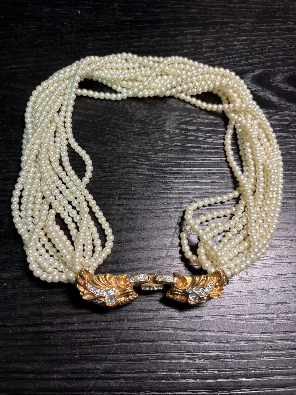 Kenneth Lane signed vintage multi strand faux pearl faux Rhinstone double panthe